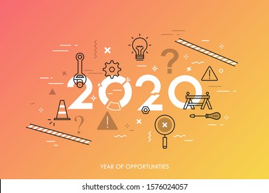 Infographic concept, 2020 - year of opportunities. New trends, plans, prospects and predictions in website repair and maintenance, technical support services. Vector illustration in thin line style.