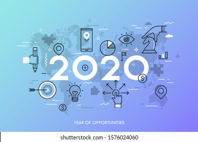 Infographic concept, 2020 - year of opportunities. Trends and predictions in international business expansion strategies, market entry, strategic planning. Vector illustration in thin line style.