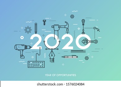 Infographic concept, 2020 - year of opportunities. Plans, trends and prospects in repairs, home remodeling, renovation and improvement, manual work tools. Vector illustration in thin line style.