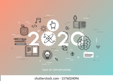 Infographic concept, 2020 - year of opportunities. Trends, prospects and predictions in internet education, distance learning, online educational programs. Vector illustration in thin line style.