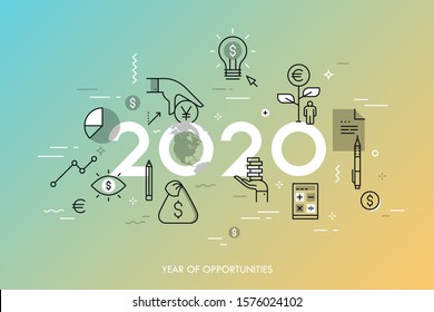 Infographic concept, 2020 - year of opportunities. Trends and prospects in economics, taxation, budget planning, money calculation and saving, personal banking. Vector illustration in thin line style.