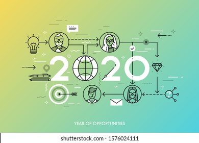 Infographic concept, 2020 - year of opportunities. Trends, prospects in global social and business networking, international professional communication. Vector illustration in thin line style.