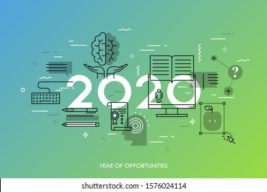 Infographic concept, 2020 - year of opportunities. New prospects and predictions in internet courses, distance education, self-improvement, online training. Vector illustration in thin line style.