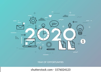 Infographic concept, 2020 - year of opportunities. New trends and prospects in business development, office work, time management, profit growth strategies. Vector illustration in thin line style.