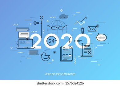 Infographic concept, 2020- year of opportunities. Hot trends and predictions in global communication, social media, internet blogs, online instant messengers. Vector illustration in thin line style.