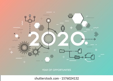 Infographic concept, 2020 - year of opportunities. Future trends and prospects in business process organization, structuring, networking, communication. Vector illustration in thin line style.