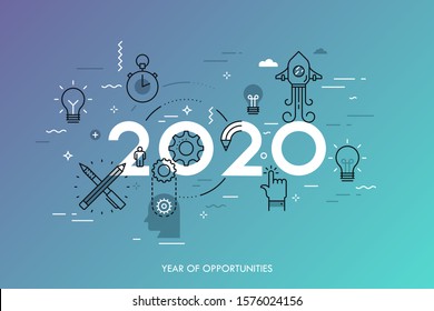 Infographic concept, 2020 - year of opportunities. New trends and predictions in startups, idea generation, innovations, modern thinking. Plans and prospects. Vector illustration in thin line style.