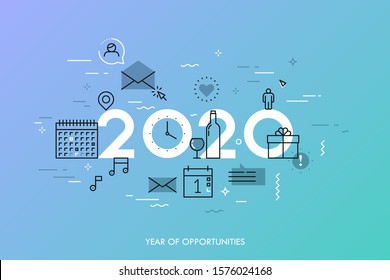 Infographic concept 2020 year of opportunities. Plans and expectations for holidays, new years party, vacation. Gifts and surprises. Vector illustration in thin line style for banner, header.