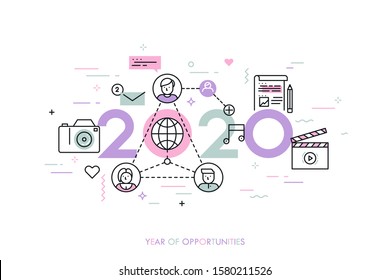 Infographic concept 2020 year of opportunities. New trends and prospects in global communication, online networking, social media, internet content sharing. Vector illustration in thin line style.