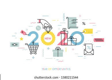 Infographic concept 2020 year of opportunities. New trends and prospects in internet shopping, online sales and discounts, buying luxury goods. Vector illustration in thin line style for banner.