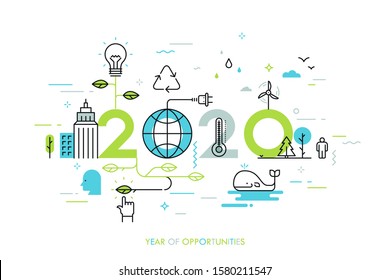 Infographic concept 2020 year of opportunities. New trends and prospects in environmental and eco-friendly technologies, energy saving, ecological recycling. Vector illustration in thin line style.