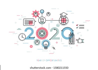 Infographic concept 2020 year of opportunities. New trends and prospects in international education, student exchange programs, online and distance learning. Vector illustration in thin line style.