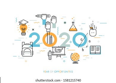 Infographic concept, 2020 - year of opportunities. New trends, prospects and predictions in science, scientific studies, schooling system and higher education. Vector illustration in thin line style.