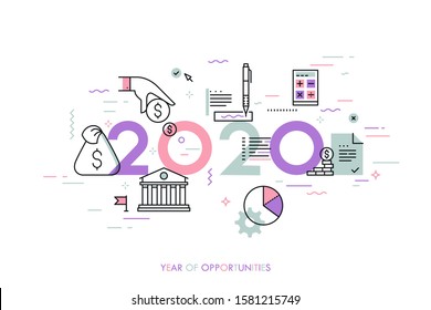 Infographic Concept, 2020 - Year Of Opportunities. New Hot Trends And Predictions In Economics, Budget Planning, Money Saving, Tax And Credit Debt Paying Off. Vector Illustration In Thin Line Style.