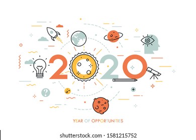 Infographic concept, 2020 - year of opportunities. Trends and prospects in space research and exploration, scientific studies, astronomy, spacecraft launches. Vector illustration in thin line style.