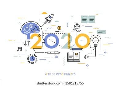 Infographic concept, 2020 - year of opportunities. New trends in idea generation, time management, experience exchange, self-education and self-development. Vector illustration in thin line style. - Powered by Shutterstock - Get 15% off with code: PIKWIZARD15