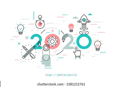 Infographic concept, 2020 - year of opportunities. New trends and predictions in startups, idea generation, innovations, modern thinking. Plans and prospects. Vector illustration in thin line style.