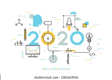 Infographic concept, 2020 - year of opportunities. Hot trends and prospects in idea creation, innovative activities, startup launch, development. Vector illustration in thin line style for website.