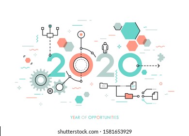 Infographic concept, 2020 - year of opportunities. Future trends and prospects in business process organization, structuring, networking, communication. Vector illustration in thin line style.