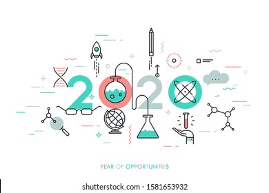 Infographic concept, 2020 - year of opportunities. Trends and predictions in science, education, scientific studies and discoveries, research, development. Vector illustration in thin line style.