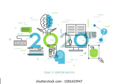 Infographic concept, 2020 - year of opportunities. New prospects and predictions in internet courses, distance education, self-improvement, online training. Vector illustration in thin line style.