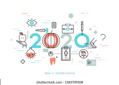 Concepto infográfico, año de oportunidades 2020. Planes, tendencias, predicciones y perspectivas en medicina, salud, servicio médico, estilo de vida saludable. Ilustración vectorial en estilo de línea delgada.