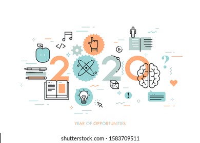 Infographic concept, 2020 - year of opportunities. Trends, prospects and predictions in internet education, distance learning, online educational programs. Vector illustration in thin line style.