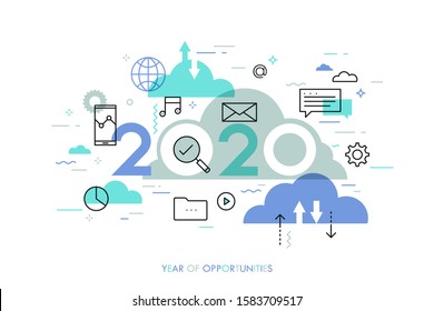 Infographic concept, 2020 - year of opportunities. Hot trends, prospects in cloud computing services and technologies, big data storage, communication. Vector illustration in thin line style.