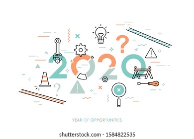 Infographic concept, 2020 - year of opportunities. New trends, plans, prospects and predictions in website repair and maintenance, technical support services. Vector illustration in thin line style.