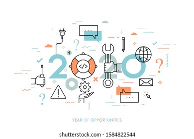 Infographic concept, 2020 - year of opportunities. Trends and prospects in technical support service, response and resolution, solving of user's problems. Vector illustration in thin line style.