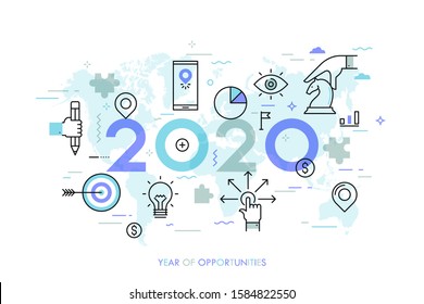 Infographic Concept, 2020 - Year Of Opportunities. Trends And Predictions In International Business Expansion Strategies, Market Entry, Strategic Planning. Vector Illustration In Thin Line Style.