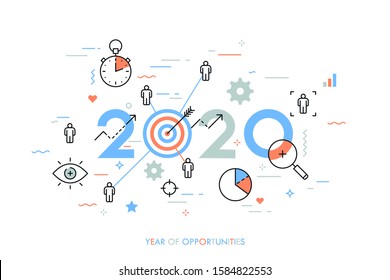 Infographic concept, 2020 - year of opportunities. Plans, trends and prospects in time management, goal setting and achievement, targeting, effective team work. Vector illustration in thin line style.