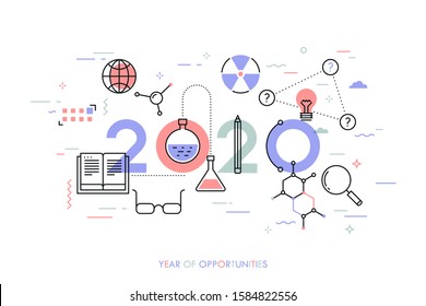 Infographic concept, 2020 - year of opportunities. Plans, trends and expectations in science, education, scientific research and development, higher education. Vector illustration in thin line style.