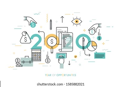 Infographic concept, 2020 - year of opportunities. New trends, prospects, plans and predictions in accounting, financial consulting, personal budget planning. Vector illustration in thin line style.