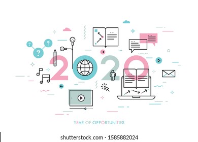 Infographic concept, 2020 - year of opportunities. New prospects and predictions in internet courses, distance education, self-improvement, online training. Vector illustration in thin line style.