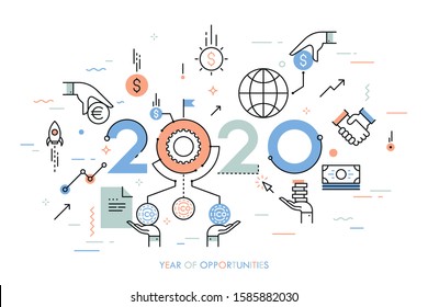 Infographic concept, 2020 - year of opportunities. New trends and predictions in crypto currency market, initial coin offering or ico, bitcoin exchange rate. Vector illustration in thin line style.