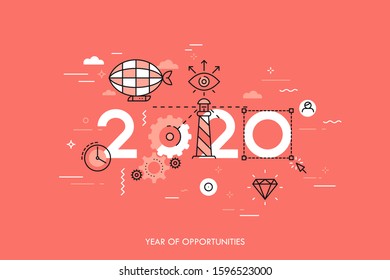 Infographic concept 2020 year of opportunities. Hot trends and perspectives in travel and adventure tourism industry, navigation tools, leisure activities. Vector illustration in thin line style.