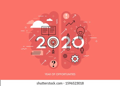 Infographic concept 2020 year of opportunities. New hot trends and prospects in education, global learning, idea generation, self-improvement techniques. Vector illustration in thin line style.