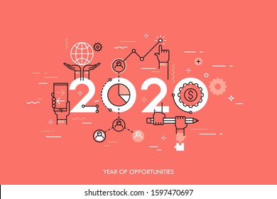 Infographic concept 2020 year of opportunities. New trends and prospects in global business communication, networking, teamwork strategies. Hopes and fears. Vector illustration in thin line style.