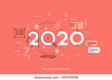Infographic concept 2020 year of opportunities. New trends and prospects in Copywriting, text editing applications and technologies, information search. Vector illustration in thin line style.