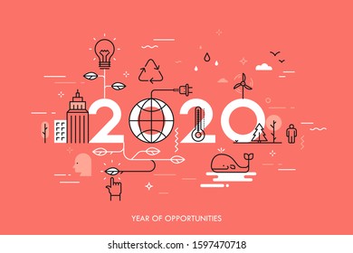 Infographic concept 2020 year of opportunities. New trends and prospects in environmental and eco-friendly technologies, energy saving, ecological recycling. Vector illustration in thin line style.
