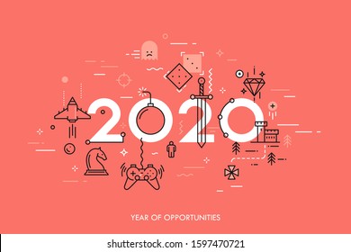 Infographic concept 2020 year of opportunities. New trends and prospects in game development, online gaming, game streaming applications, internet competitions for gamers. Vector illustration.