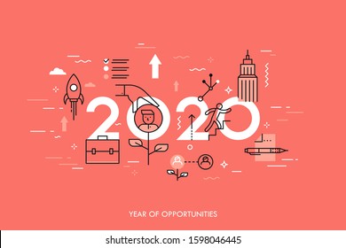 Infographic concept, 2020 - year of opportunities. New trends and prospects in career building, job searching, headhunting, recruitment or employment services. Vector illustration in thin line style.