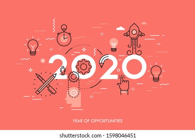 Infographic concept, 2020 - year of opportunities. New trends and predictions in startups, idea generation, innovations, modern thinking. Plans and prospects. Vector illustration in thin line style.
