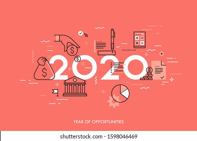 Infographic Concept, 2020 - Year Of Opportunities. New Hot Trends And Predictions In Economics, Budget Planning, Money Saving, Tax And Credit Debt Paying Off. Vector Illustration In Thin Line Style.