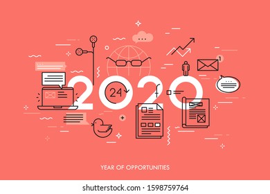 Infographic concept, 2020 - year of opportunities. Hot trends and predictions in global communication, social media, internet blogs, online instant messengers. Vector illustration in thin line style.