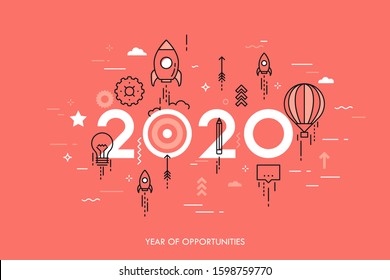 Infographic concept, 2020 - year of opportunities. New trends and expectations in startup launches, business development, profit growth, goal achievement. Vector illustration in thin line style.