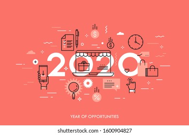 Infographic concept, 2020 - year of opportunities. New plans and predictions in online shopping, electronic commerce, internet retailers, sales, discounts. Vector illustration in thin line style.