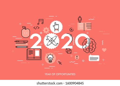 Infographic concept, 2020 - year of opportunities. Trends, prospects and predictions in internet education, distance learning, online educational programs. Vector illustration in thin line style.