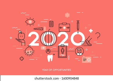 Infographic concept, 2020 - year of opportunities. Plans, trends, predictions and prospects in medicine, healthcare, medical service, healthy lifestyle. Vector illustration in thin line style.